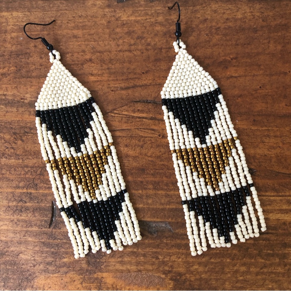 Beaded Handmade Black Gold‎ & Cream Earrings NEW